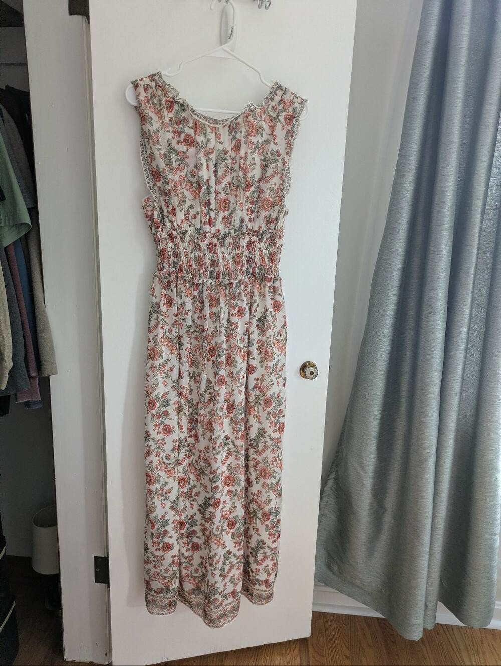 Max Studio Floral Shirred V-Neck Maxi Dress - Cream with Rust Floral - Picture 3 of 3